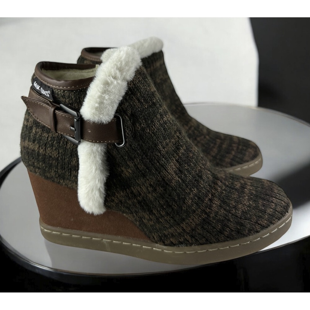 New Muk Luks Anne Marie Wedge Boots Brown Marl Ankle Buckle Shoes Faux Fur Sz 10 - Picture 13 of 13